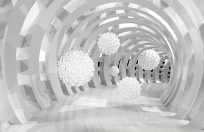 Papier peint  3d wall tunnel with flying balls 3d rendering