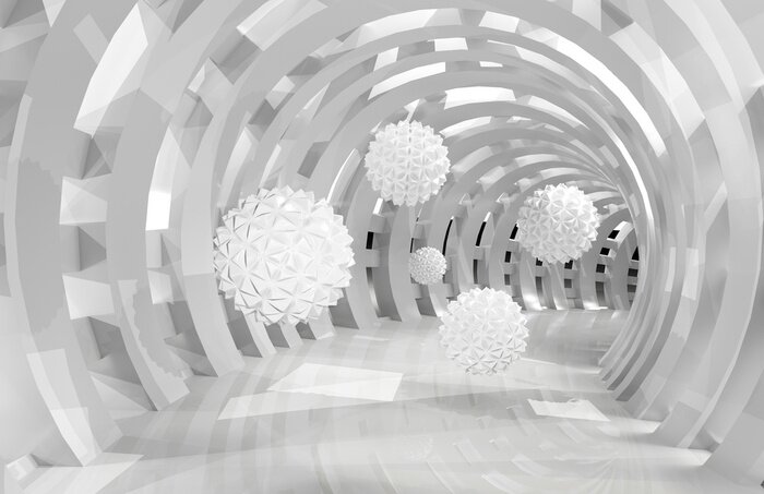 Papier peint  3d wall tunnel with flying balls 3d rendering