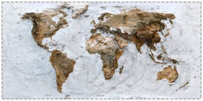 Papier peint  3D World map of the Earth with exaggerated topographic relief and countries names and boundaries. High detailed global world physical map. Planet map with continents, countries borders, water objects