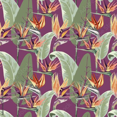 Papier peint  739_Strelitzia seamless abstract pattern with tropical exotic palm leaves, beautiful strelitzia flowers, artistic ornament for fabric, wallpapers, posters, vector graphic