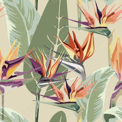 Papier peint  740_Strelitzia Seamless wallpaper, abstract pattern of exotic tropical plants, flowers, strelitzia leaves, textile composition, hand drawn style print, vector illustration