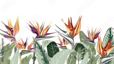 Papier peint  746_Strelitzia Seamless wallpaper, abstract pattern of exotic tropical plants, flowers, strelitzia leaves, textile composition, hand drawn style print, vector illustration