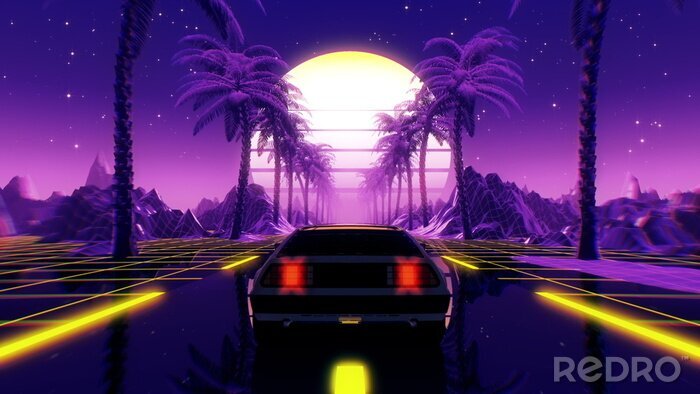 Papier peint  80s retro futuristic sci-fi 3D illustration with vintage car. Riding in retrowave VJ videogame landscape, neon lights and low poly grid. Stylized cyberpunk vaporwave background. 4K