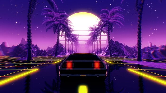 Papier peint  80s retro futuristic sci-fi 3D illustration with vintage car. Riding in retrowave VJ videogame landscape, neon lights and low poly grid. Stylized cyberpunk vaporwave background. 4K