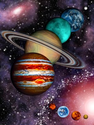 9 planètes du système solaire, ceinture d'astéroïdes et la galaxie en spirale.