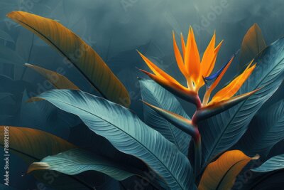 Papier peint  A background with orange strelitzia flowers and green leaves on a dark blue background. Created with Ai