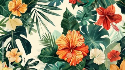 Papier peint  A beautiful seamless pattern with tropical flowers and leaves.