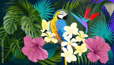 Papier peint  A bright tropical background with a wide variety of jungle plants and a Macaw parrot. Vector exotic pattern with palm leaves and tropical flowers.