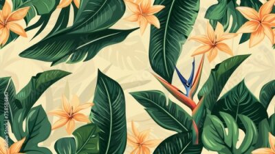 Papier peint  A cheerful seamless pattern wallpaper featuring tropical dark green leaves and flowers of the bird of paradise (strelitzia) plumeria on a light yellow backdrop
