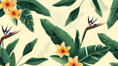 Papier peint  A cheerful seamless pattern wallpaper of tropical dark green palm leaves and flowers (strelitzia) plumeria on a yellow background