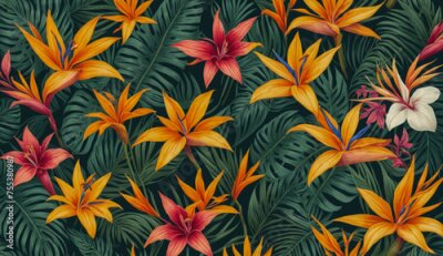 Papier peint  A colorful floral pattern with many orange and yellow flowers