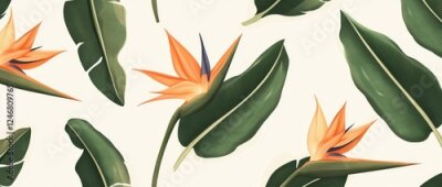 Papier peint  A creative hand-drawn jungle pattern with a strelitzia flower. A seamless, contemporary collage pattern in natural tones, suitable for fashionable design templates