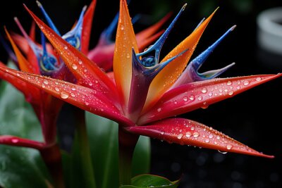 Papier peint  A detailed close-up shot of a strelitzia blossom, commonly known as the bird of paradise flower, capturing its vibrant colors, unique shape, and intricate details, symbolizing exotic beauty and the al