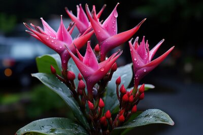 Papier peint  A detailed close-up shot of a strelitzia blossom, commonly known as the bird of paradise flower, capturing its vibrant colors, unique shape, and intricate details, symbolizing exotic beauty and the al