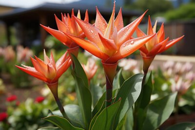 Papier peint  A detailed close-up shot of a strelitzia blossom, commonly known as the bird of paradise flower, capturing its vibrant colors, unique shape, and intricate details, symbolizing exotic beauty and the al