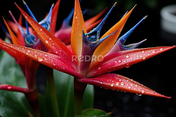 Papier peint  A detailed close-up shot of a strelitzia blossom, commonly known as the bird of paradise flower, capturing its vibrant colors, unique shape, and intricate details, symbolizing exotic beauty and the al