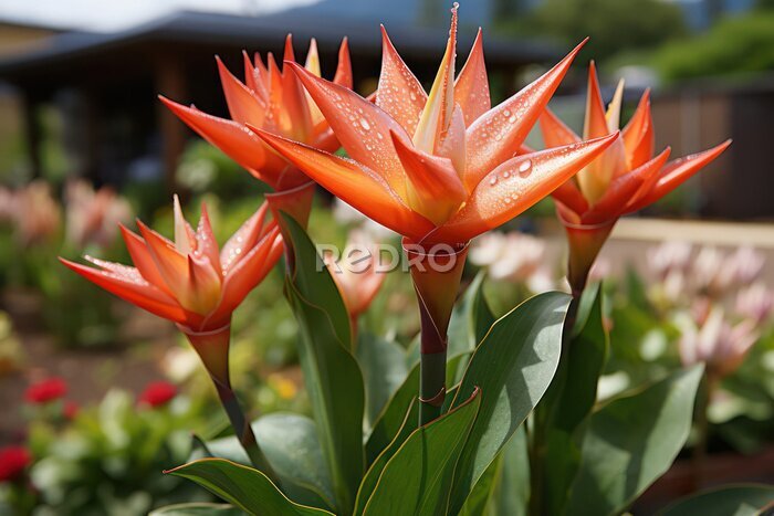 Papier peint  A detailed close-up shot of a strelitzia blossom, commonly known as the bird of paradise flower, capturing its vibrant colors, unique shape, and intricate details, symbolizing exotic beauty and the al