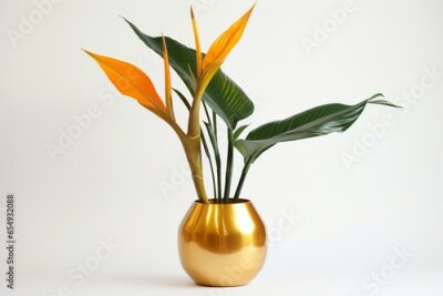 Papier peint  A distinct strelitzia in a shiny gold pot against a white backdrop. Generative AI