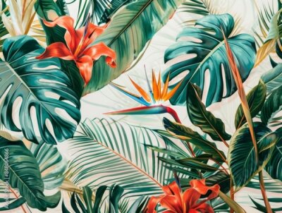 Papier peint  A fine and exclusive wall paper of palm tree leaves and other jungle leaves as well as a strelitzia flower on a soft white background
