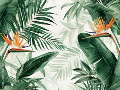 Papier peint  A fine and exclusive wall paper of palm tree leaves and other jungle leaves as well as a strelitzia flower on a soft white background