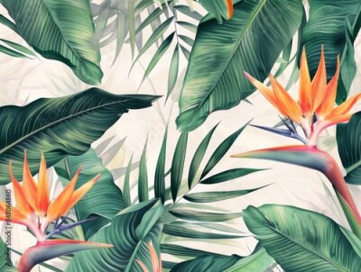 Papier peint  A fine and exclusive wall paper of palm tree leaves and other jungle leaves as well as a strelitzia flower on a soft white background