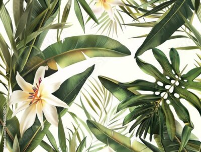 Papier peint  A fine and exclusive wall paper of palm tree leaves and other jungle leaves as well as a strelitzia flower on a soft white background