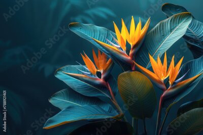 Papier peint  A flat lay photography of exotic plants and orange flowers, leaves, strelitzia reginae. Created with Ai