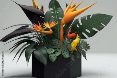 Papier peint  A flower pot containing Strelitzia and Ravenala palm bushes. Generative AI