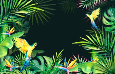 Papier peint  A frame made of palm leaves, banana branches, strelitzia, and macaws. Tropical plants and birds. Watercolor illustration. Carnival in Brazil. Rio de Janeiro. Summer mood. Banner.