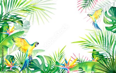 Papier peint  A frame made of palm leaves, banana branches, strelitzia, and macaws. Tropical plants and birds. Watercolor illustration. Carnival in Brazil. Rio de Janeiro. Summer mood. Banner.