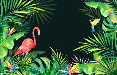 Papier peint  A frame made of palm leaves, banana branches, strelitzia, flamingos and macaws.Tropical plants and birds. Watercolor illustration. Carnival in Brazil. Rio de Janeiro. Summer mood. . Banner.