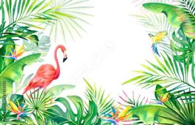 Papier peint  A frame made of palm leaves, banana branches, strelitzia, flamingos and macaws.Tropical plants and birds. Watercolor illustration. Carnival in Brazil. Rio de Janeiro. Summer mood. . Banner.