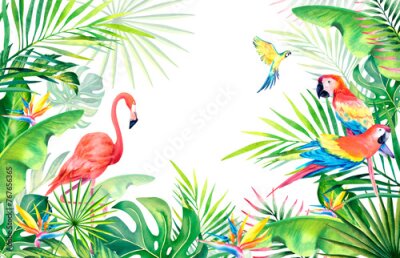 Papier peint  A frame made of palm leaves, banana branches, strelitzia, flamingos and macaws.Tropical plants and birds. Watercolor illustration. Carnival in Brazil. Rio de Janeiro. Summer mood. . Banner.