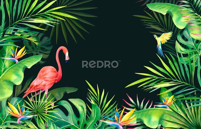 Papier peint  A frame made of palm leaves, banana branches, strelitzia, flamingos and macaws.Tropical plants and birds. Watercolor illustration. Carnival in Brazil. Rio de Janeiro. Summer mood. . Banner.