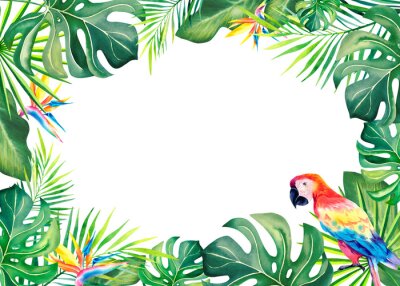 Papier peint  A frame made of tropical plants. Monstera, palm branch, strelitzia, banana leaves and macaw parrot. Brazilian carnival. Watercolor illustration.