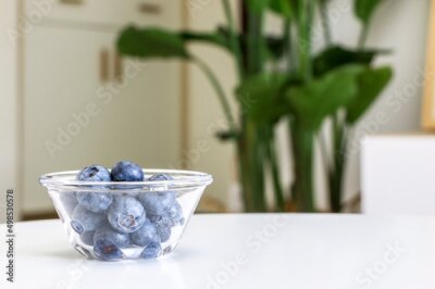 Papier peint  A glass bowl of juicy blueberries on white table of living room interior, cupboards, drawers, and Giant White Bird of Paradise plant (Strelitzia nicolai) out of focus in background, healthy lifestyle