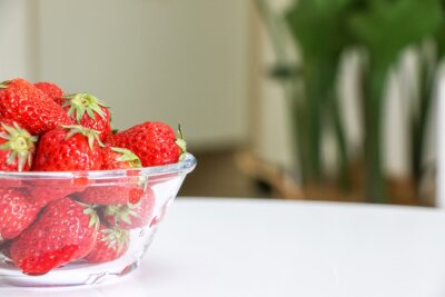 Papier peint  A glass bowl of juicy red strawberries in the foreground on a white table, a Giant White Bird of Paradise plant (Strelitzia nicolai) out of focus in background, showing healthy lifestyle