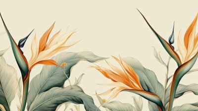 Papier peint  a horizontal image of Strelitzia, Bird-of-Paradise as background for mock-up, and a product presentation with space for copy in a Commercially-themed image as a JPG horizontal format. Generative AI