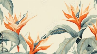 Papier peint  a horizontal image of Strelitzia, Bird-of-Paradise as background for mock-up, and a product presentation with space for copy in a Commercially-themed image as a JPG horizontal format. Generative AI