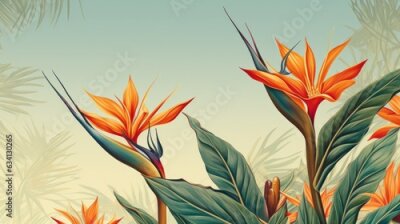 Papier peint  a horizontal image of Strelitzia, Bird-of-Paradise as background for mock-up, and a product presentation with space for copy in a Commercially-themed image as a JPG horizontal format. Generative AI