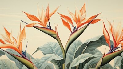Papier peint  a horizontal image of Strelitzia, Bird-of-Paradise as background for mock-up, and a product presentation with space for copy in a Commercially-themed image as a JPG horizontal format. Generative AI