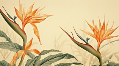 Papier peint  a horizontal image of Strelitzia, Bird-of-Paradise as background for mock-up, and a product presentation with space for copy in a Commercially-themed image as a JPG horizontal format. Generative AI