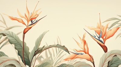 Papier peint  a horizontal image of Strelitzia, Bird-of-Paradise as background for mock-up, and a product presentation with space for copy in a Commercially-themed image as a JPG horizontal format. Generative AI