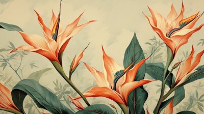 Papier peint  a horizontal image of Strelitzia, Bird-of-Paradise as background for mock-up, and a product presentation with space for copy in a Commercially-themed image as a JPG horizontal format. Generative AI