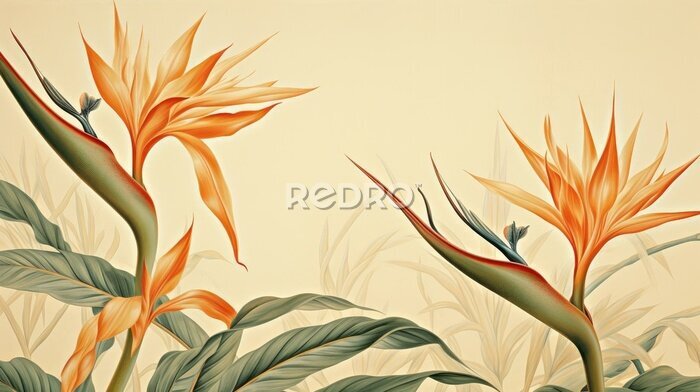 Papier peint  a horizontal image of Strelitzia, Bird-of-Paradise as background for mock-up, and a product presentation with space for copy in a Commercially-themed image as a JPG horizontal format. Generative AI