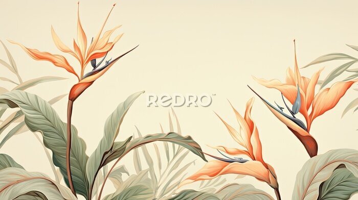 Papier peint  a horizontal image of Strelitzia, Bird-of-Paradise as background for mock-up, and a product presentation with space for copy in a Commercially-themed image as a JPG horizontal format. Generative AI