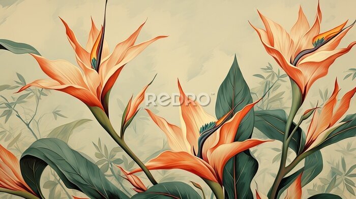 Papier peint  a horizontal image of Strelitzia, Bird-of-Paradise as background for mock-up, and a product presentation with space for copy in a Commercially-themed image as a JPG horizontal format. Generative AI