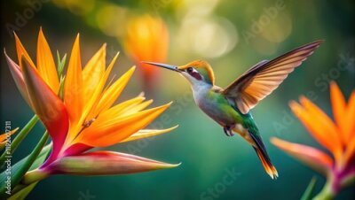 Papier peint  A hummingbird flies around a Strelitzia flower with bright orange and yellow petals, its wings beating rapidly as it sips nectar from the bloom , strelitzia flower, hummingbird