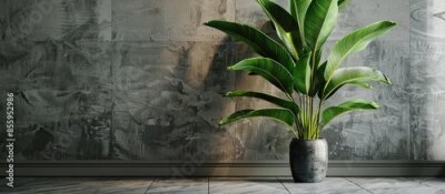 Papier peint  A large houseplant Strelitzia stands on the floor in the lobby of a luxury interior, vertical. Copy space image. Place for adding text and design