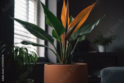 Papier peint  A loft pot holds a Strelitzia plant, perfect for indoor decor. Generative AI
